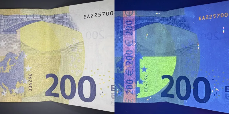Reflection on 200-Euro Banknote Paper with a Matte, Thin, Multicolored Fibrous Print Surface on Cotton-Based Security Paper