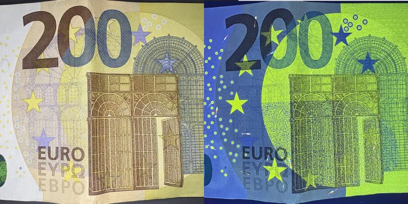 Reflection on 200-Euro Banknote Paper with a Matte, Thin, Multicolored Fibrous Print Surface on Cotton-Based Security Paper