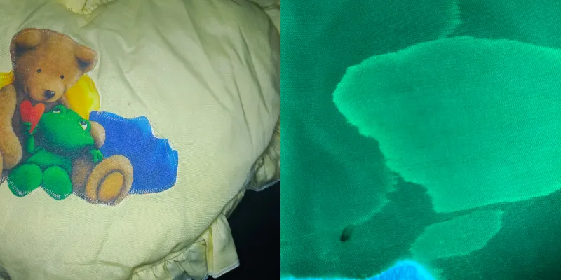 Urine on Pillow with Multicolored Print on a Yellow Background